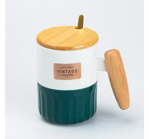 Чашка керамічна 400 мл Vintage з бамбуковою кришкою та ложкою, зелений з білим