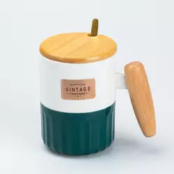 Чашка керамічна 400 мл Vintage з бамбуковою кришкою та ложкою, зелений з білим