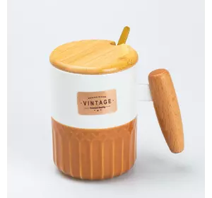 Чашка керамічна 400 мл Vintage з бамбуковою кришкою та ложкою, помаранчевий з білим