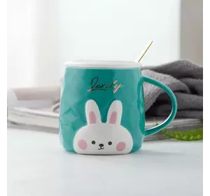 Чашка керамічна 300 мл Rabbit з кришкою і ложкою, бежевий