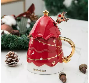 Чашка керамічна 460 мл Christmas tree з кришкою та паличкою для розмішування, червоний