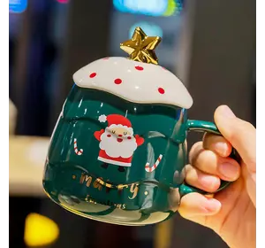 Чашка керамічна 400 мл Merry Christmas з кришкою та ложкою, зелений