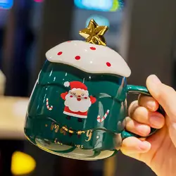 Чашка керамічна 400 мл Merry Christmas з кришкою та ложкою, зелений