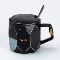 Чашка керамічна 350 мл Style з кришкою і ложкою, чорний