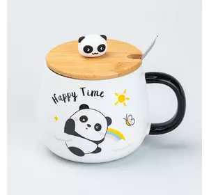 Чашка керамічна Panda 450 мл з кришкою та ложкою, happy time