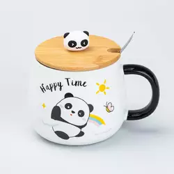 Чашка керамічна Panda 450 мл з кришкою та ложкою, happy time