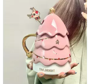 Чашка керамічна 460 мл Christmas tree з кришкою і паличкою для розмішування, рожевий