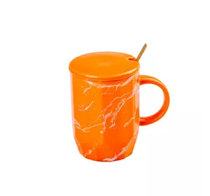 Чашка керамічна 420 мл з кришкою і ложкою Мармур, помаранчевий