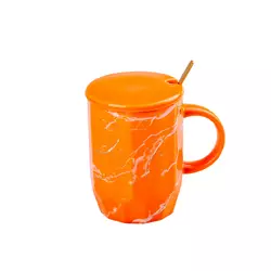 Чашка керамічна 420 мл з кришкою і ложкою Мармур, помаранчевий