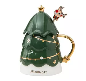 Чашка керамічна 460 мл Christmas tree з кришкою та паличкою для розмішування, зелений