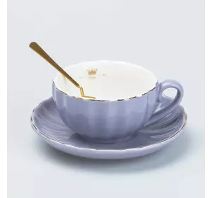 Чашка порцелянова в європейському стилі 200 мл з блюдцем і ложкою, бузковий