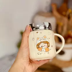 Чашка керамічна 420 мл Cute girl з кришкою, бежевий