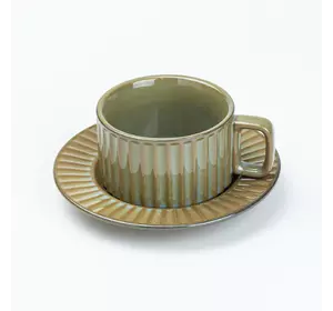 Чашка з блюдцем керамічна у французькому стилі 250 мл,  смарагдовий