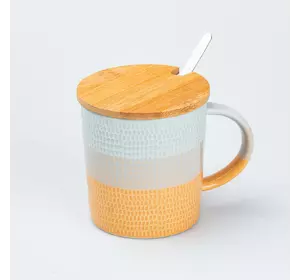 Чашка керамічна у скандинавському стилі 350 мл з кришкою та ложкою, помаранчевий