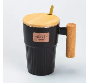 Чашка керамічна 400 мл Vintage з бамбуковою кришкою та ложкою, чорний