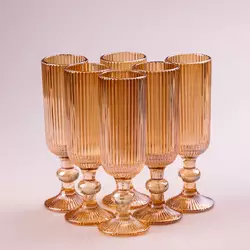 Набір келихів для шампанського фігурних прозорих ребристих із товстого скла 6 штук, бурштиновий
