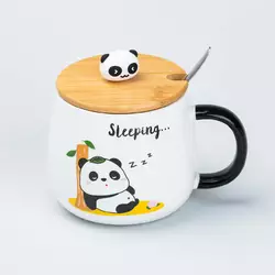 Чашка керамічна Panda 450 мл з кришкою та ложкою, sleeping