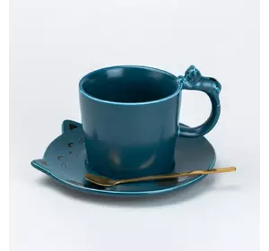Чашка керамічна Котики 250 мл із блюдцем та ложкою, синій