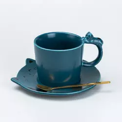 Чашка керамічна Котики 250 мл із блюдцем та ложкою, синій