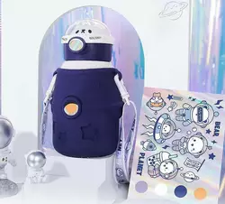 Термос дитячий 500 мл зі знімним силіконовим чохлом і ремінцем Космонавт, синій