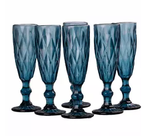 Набір келихів для шампанського фігурних гранованих із товстого скла 6 штук, синій