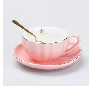 Чашка порцелянова в європейському стилі 200 мл з блюдцем і ложкою, рожевий
