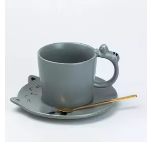 Чашка керамічна Котики 250 мл із блюдцем та ложкою, сірий