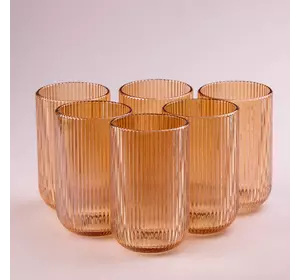 Набір склянок високих фігурних прозорих ребристих із товстого скла 6 штук, бурштиновий