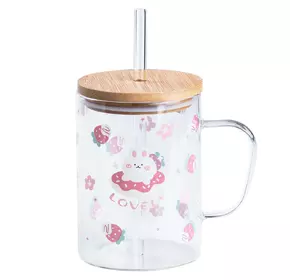 Чашка скляна дитяча 500 мл з принтом та бамбуковою кришкою, рожевий