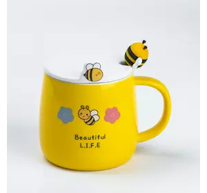 Чашка керамічна Bee 450 мл з кришкою та ложкою, beautiful life