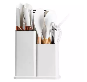 Набір кухонного приладдя на підставці 19 штук із силікону з бамбуковою ручкою, білий