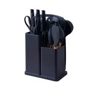 Набір кухонного приладдя на підставці 19 штук із силікону з бамбуковою ручкою, чорний