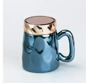 Чашка керамічна 450 мл у дзеркальній глазурі з кришкою, синій