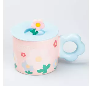 Чашка керамічна Flowers 300 мл з кришкою, рожевий