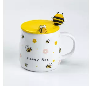 Чашка керамічна Bee 450 мл з кришкою та ложкою, honey bee