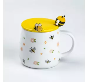 Чашка керамічна Bee 450 мл з кришкою та ложкою, flowers