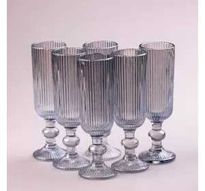 Набір келихів для шампанського фігурних прозорих ребристих із товстого скла 6 штук, блакитний