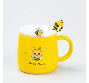 Чашка керамічна Bee 450 мл з кришкою та ложкою, good mood