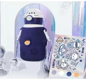 Термос дитячий 500 мл зі знімним силіконовим чохлом і ремінцем Космонавт, синій