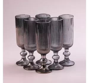 Набір келихів для шампанського фігурних прозорих ребристих із товстого скла 6 штук, сірий